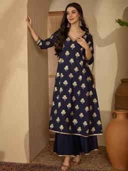 Gahan - Womens Navy Blue Floral Printed Kurta with Sharara