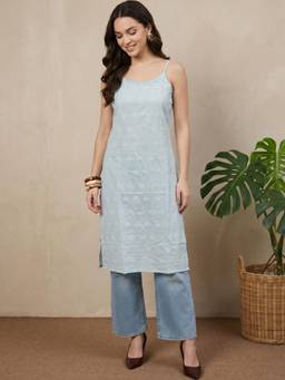 Gahan - Womens Blue Pure Cotton Lace Work Round Neck Sleeveless Kurta