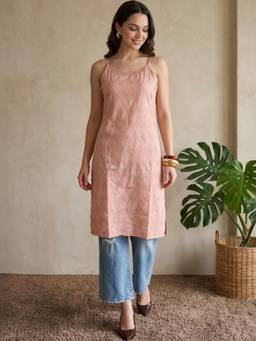 Gahan - Womens Rust Pure Cotton Lace Work Round Neck Sleeveless Kurta