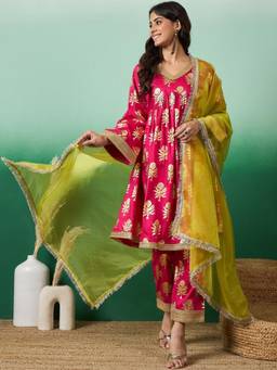 Gahan - Womens Printed Anarkali Kurta with Pant & Dupatta