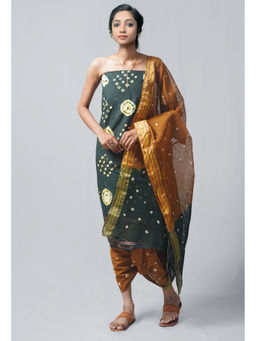 Unnati Silks - Unstitched Dark Green Ochre Pure Bandhani Cotton Salwar Kameez (Set of 3)