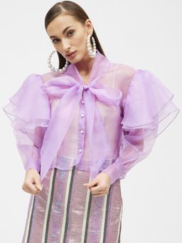 Kibo - Women Solid Lilac Organza Tie Knot Shirt