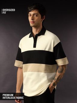 The Souled Store - Off White Colorblock Oversized Fit Polo T-Shirt