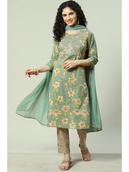 Rangriti - Green Cotton Blend Straight Kurta with Pant and Dupatta (Set of 3)