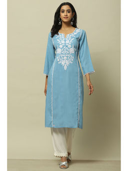 Rangriti - Ice Blue Rayon Slub Straight Kurta