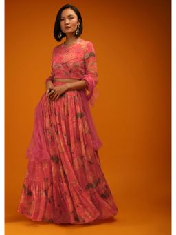 KALKI FASHION - Pink Lehenga Choli Georgette with Floral & Sequin Accents (Set of 3) (US 12)