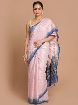Indethnic - Banarasi Lavendar Stripes Daily Wear Saree With Unstitched Blouse