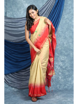 Arhi - Beige Cotton Woven Pallu Saree With Unstitched Blouse