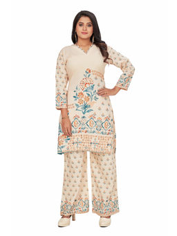 Amchoor - Women Cream Blended Linen Floral Print Kurta with Palazzo (Set of 2)