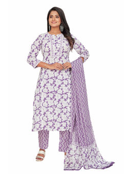 Amchoor - Women Purple Cotton Floral Print Kurta with Pant and Dupatta (Set of 3)