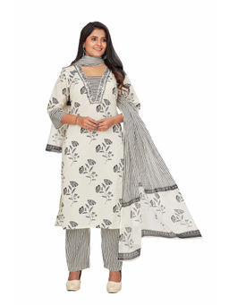 Amchoor - Women Black Cotton Floral Print Kurta with Pant and Dupatta (Set of 3)