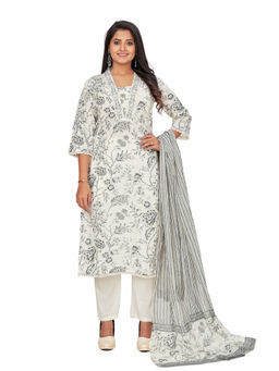 Amchoor - Women Grey Cotton Floral Print Kurta with Pant and Dupatta (Set of 3)