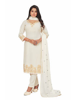 Amchoor - Women Cream Cotton Floral Embroidered Kurta with Pant and Dupatta (Set of 3)