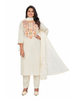 Amchoor - Women Cream Cotton Embroidered Kurta with Pant and Dupatta (Set of 3)