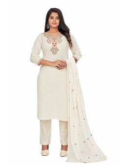 Amchoor - Women Cream Cotton Embroidered Kurta with Pant and Dupatta (Set of 3)