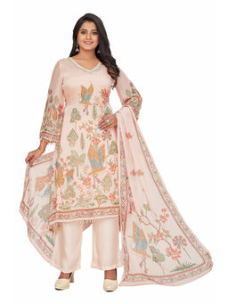 Amchoor - Women Cream Chinon Floral Print Kurta with Pant and Dupatta (Set of 3)