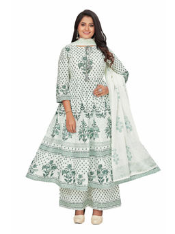 Amchoor - Women Green Cotton Floral Print Kurta with Palazzo and Dupatta (Set of 3)