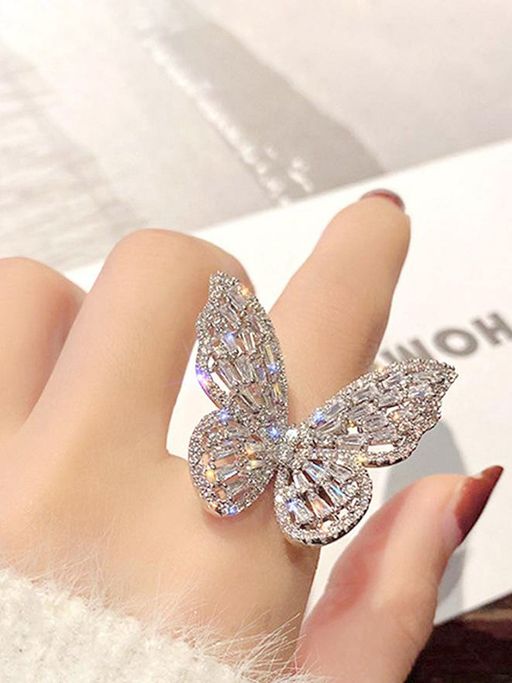 Jewels Galaxy Silver Plated Butterfly Inspired Stone Studded Cocktail Ring