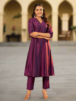 Kasya - Plum Solid Viscose V-Neck Anarkali Kurta with Pant (Set of 2)