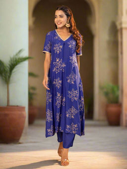 Kasya - Royal Blue Muslin Gold Printed Kurta & Pant (Set of 2)