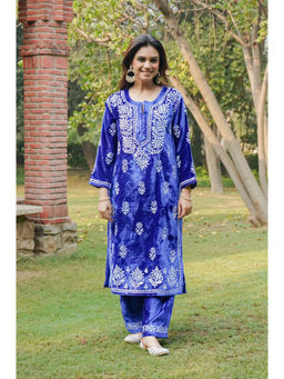 HOUSE OF KARI - Velvet Chikankari Royal Blue Kurta with Pant (Set of 2)