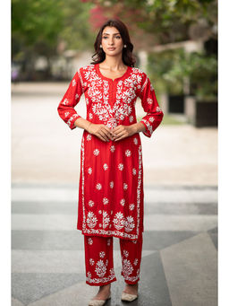 RANGREZA ETHNIC - Laira Rayon Red Kurta with Pant (Set of 2)