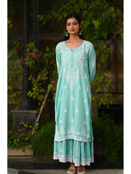 RANGREZA ETHNIC - Sadaf Modal Turquoise Embroidered Kurta with Palazzo (Set of 2)