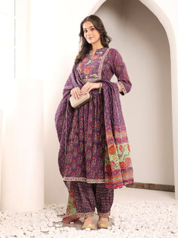 SAVI - Purple Cotton Floral A-Line Kurta with Salwar & Dupatta (Set of 3)