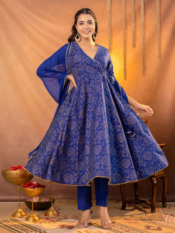 Kasya - Navy Blue Gold Printed Angrakha Kurta with Pant & Dupatta (Set of 3)