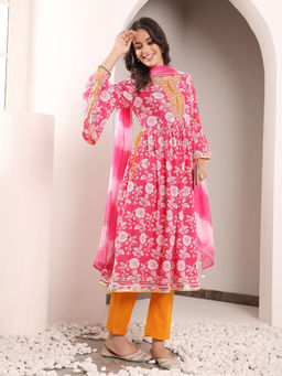 SAVI - Pink Cotton Embellished Kurta Pant Dupatta Set (Set of 3)