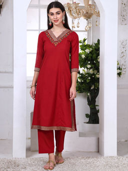 Saffron Threads - Red Cotton Embroidered Kurta with Pant (Set of 2)