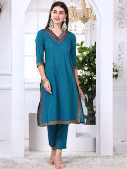 Saffron Threads - Blue Cotton Embroidered Kurta with Pant (Set of 2)