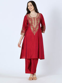 Saffron Threads - Red Art Silk Embroidered Kurta & Pant (Set of 2)