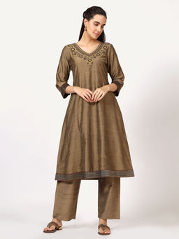 Saffron Threads - Gold Art Silk Embroidered Anarkali Kurta with Pant (Set of 2)