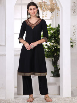 Saffron Threads - Black Art Silk Embroidered Anarkali Kurta with Pant (Set of 2)