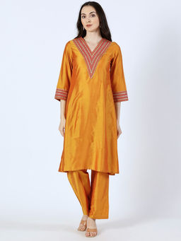 Saffron Threads - Orange Art Silk Embroidered Mirror Work Kurta & Pant (Set of 2)