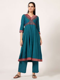 Saffron Threads - Blue Cotton Embroidered Anarkali Kurta with Pant (Set of 2)
