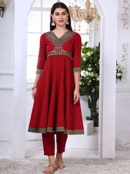 Saffron Threads - Red Cotton Embroidered Anarkali Kurta with Pant (Set of 2)
