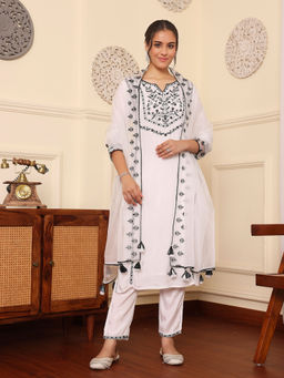 SAVI - White Shenton Embroidered Yoke Kurta & Pant with Dupatta (Set of 3)