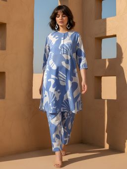 Dora Dori - Blue Abstract Pure Cotton Printed Round Neck Kurta with Trouser (Set of 2)