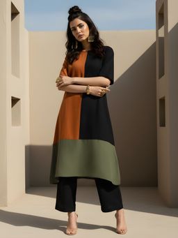 Dora Dori - Relaxed Fit Black Colorblocked Cotton Linen Round Neck Kurta With Trouser