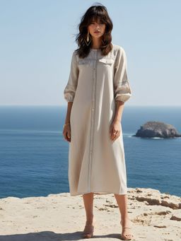 Dora Dori - Off White Solid Cotton Linen Round Neck Thread Work Puff Sleeves Dress