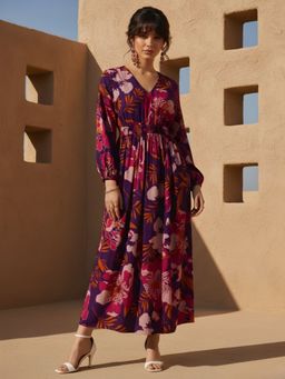 Dora Dori - Relaxed Fit Floral Printed Viscose Rayon Maxi Wrap V-Neck Dress with Long Sleeves