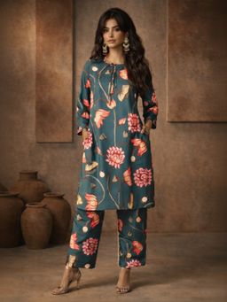 Dora Dori - Teal Floral Kurta and Pant (Set of 2)