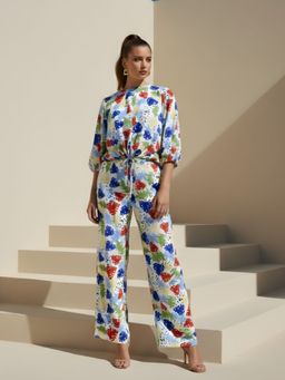 Dora Dori - White Viscose Rayon Round Neck Top with Pant (Set of 2)