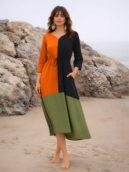 Dora Dori - Colorblock V-Neck Fit and Flare Linen Dress