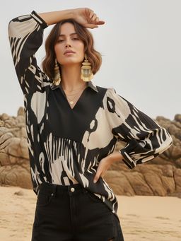 Dora Dori - Black Ikkat Print Collared Neck Top