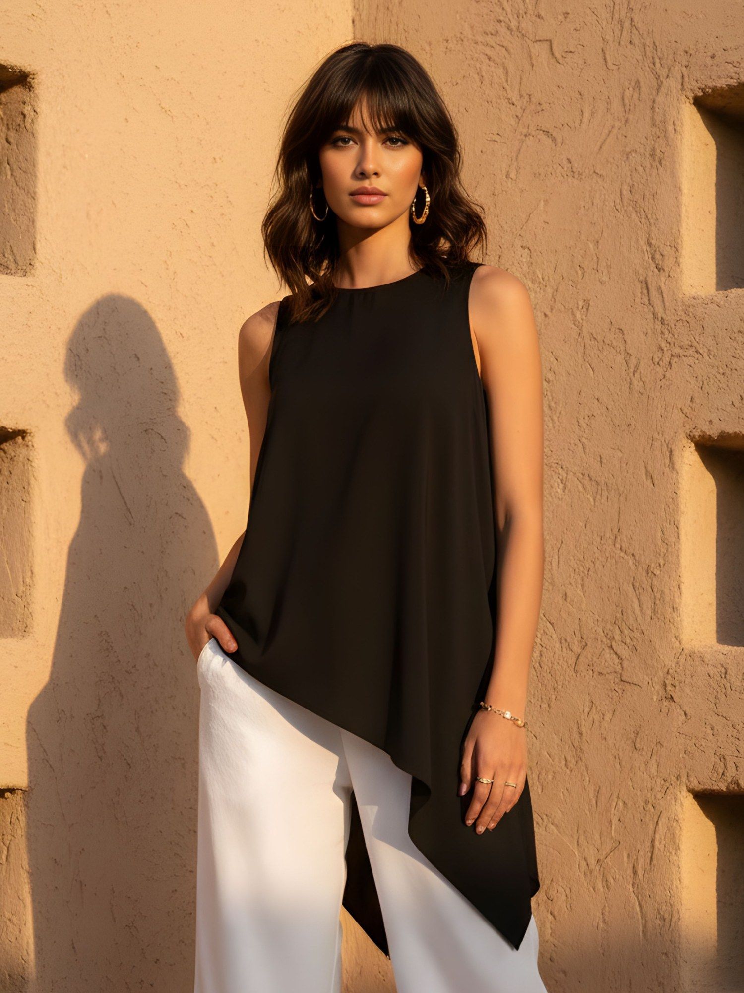 Black Solid Sleeveless Asymmetrical Top-image-5