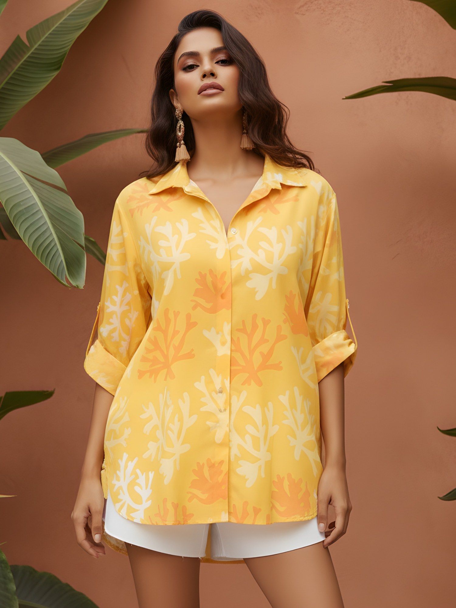 dora dori Mustard Floral Printed Collared Shirt-picture-26