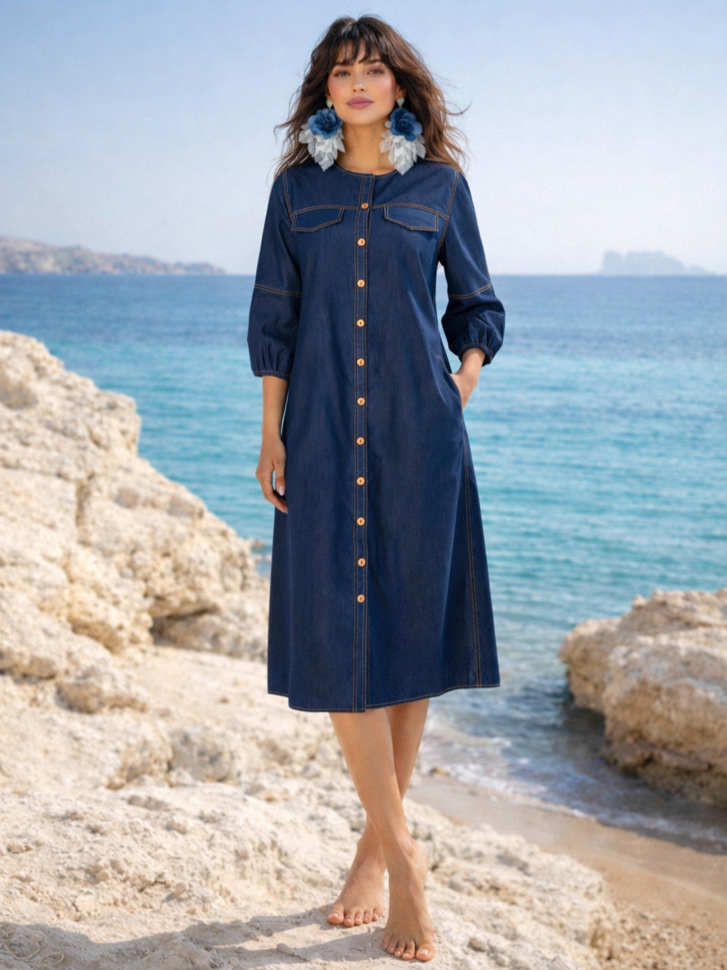Navy Blue Solid Denim A-Line Midi Dress-image-18